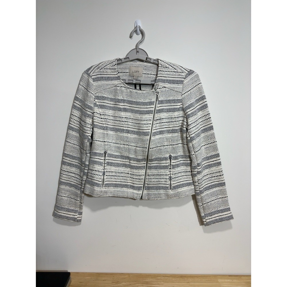 LOFT Tweed Moto Jacket Ivory Gray Black Asymmetrical Zip Blazer Womens Size 10